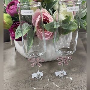 Pink Bow Ribbon Coquette Glass Champagne Flute Glasses Set of 2 NWT
